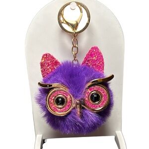 Fluffy Purple and Pink Owl Pom Keychain or Bag Charm